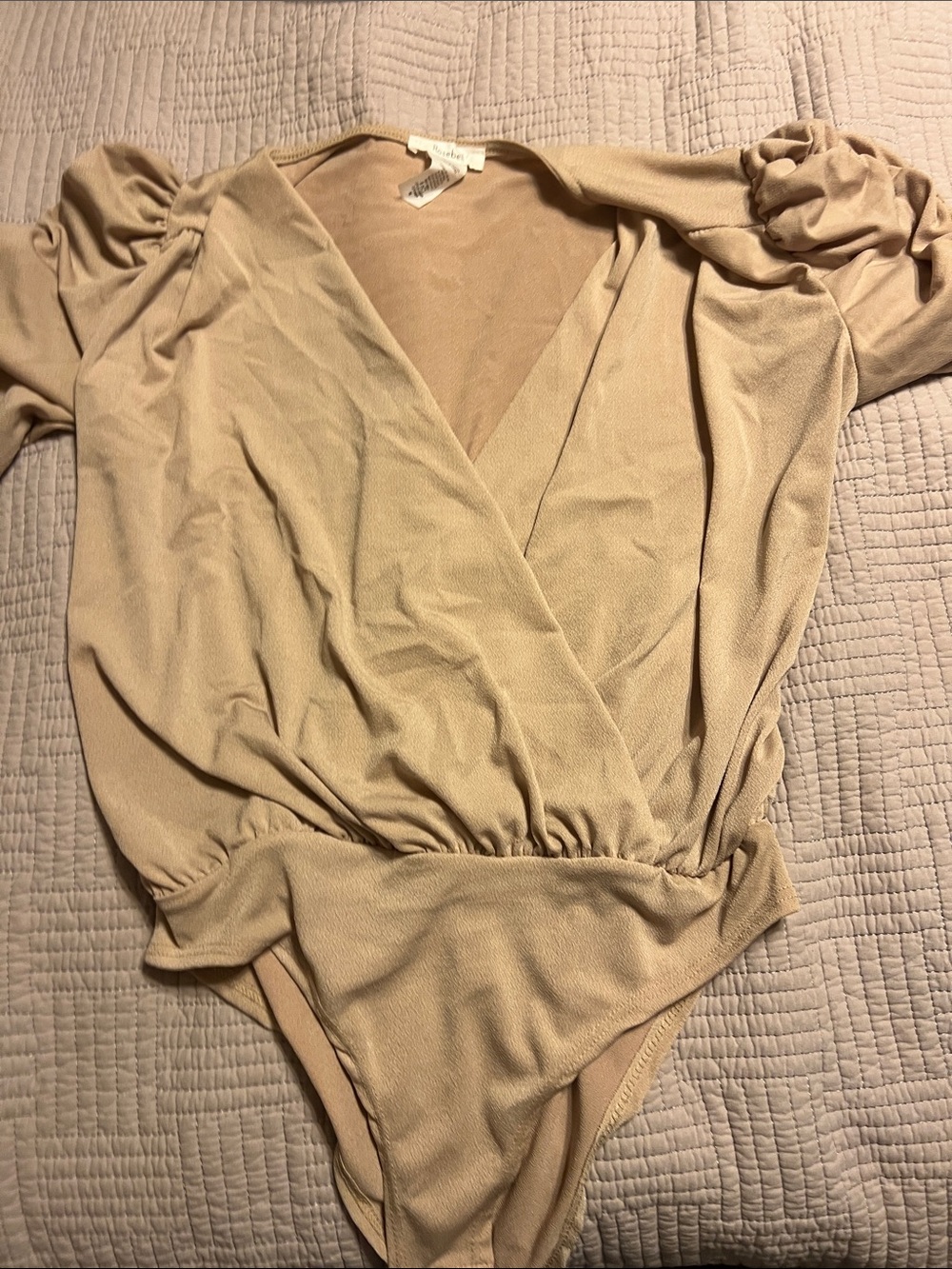 Surplice Beige Puff-Sleeve Bodysuit